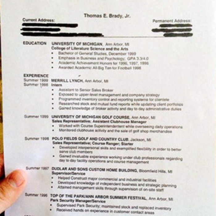 see tom brady s old résumé from his pre patriots days e news